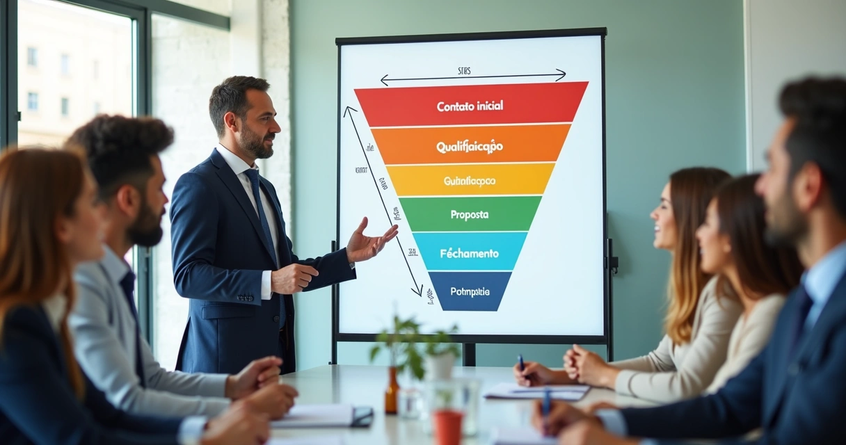 Advogado mostrando quadro com etapas do funil de vendas jurídico 