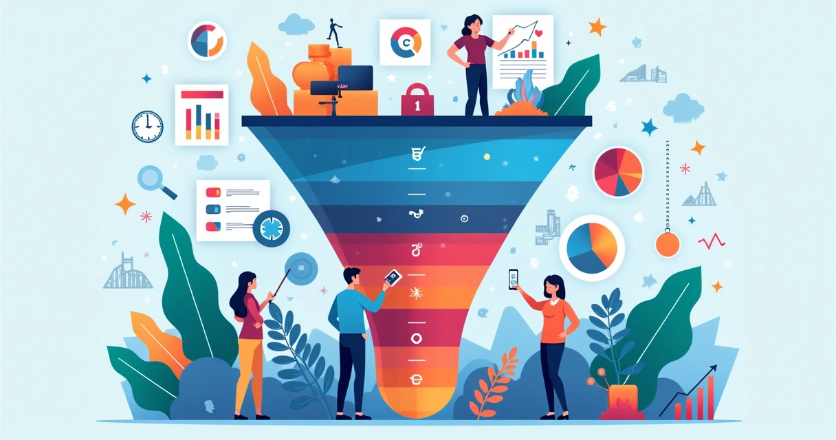 Ilustração divertida de funil de vendas digital com KPIs em cada etapa 