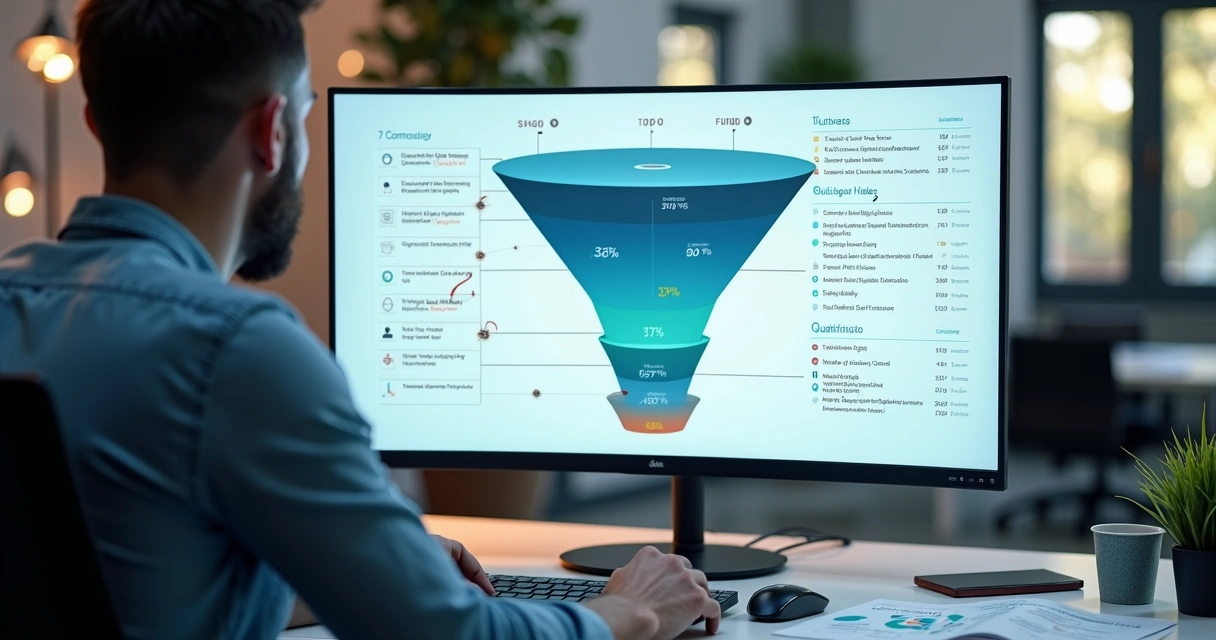 Gestor analisando funil de vendas digital com pontuações de leads em destaque 