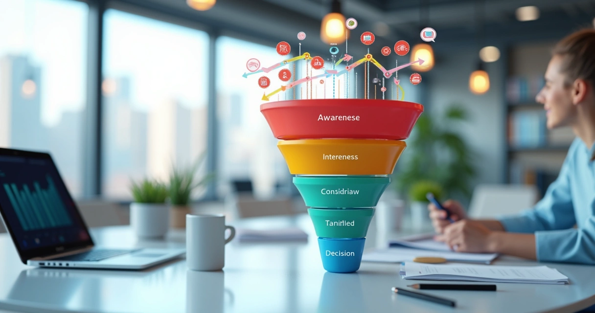 Representação visual de um funil de vendas B2B com etapas de qualificação 