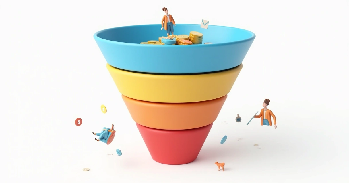 Representação visual de funil de vendas digital com etapas 