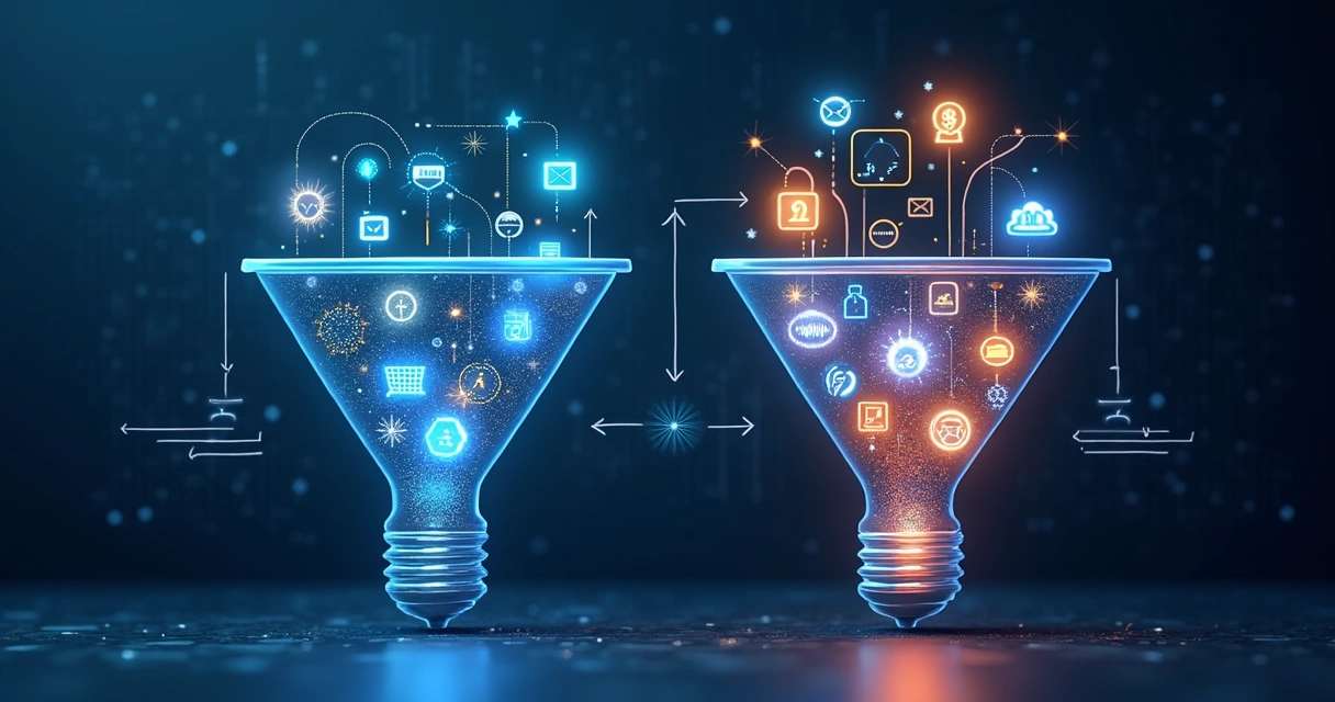 Ilustração realista de funil de vendas e marketing com gráficos e ícones tecnológicos em fundo moderno 
