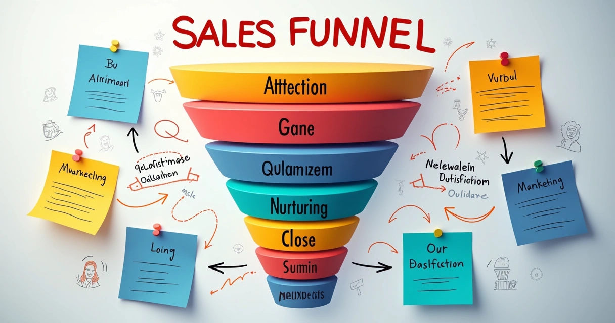 Representação visual de um funil de vendas com anotações sobre etapas de marketing e vendas 