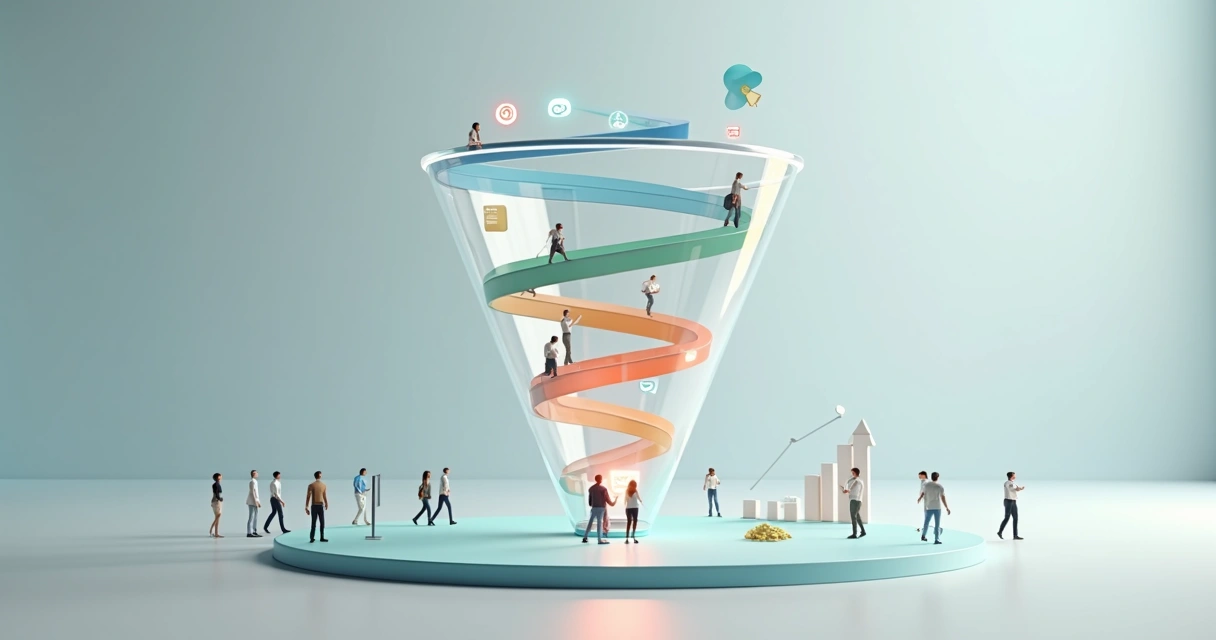 Funil de vendas transparente com pessoas em diferentes etapas 