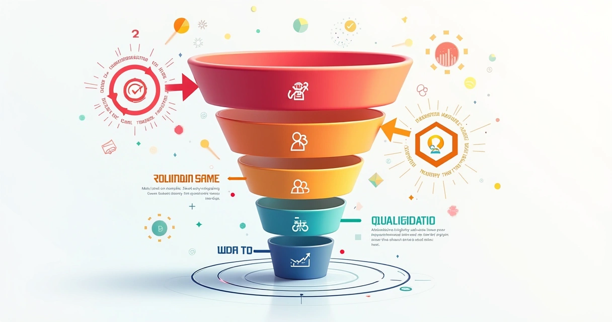 Esquema colorido de funil de vendas digital automatizado com setas e ícones integrados 