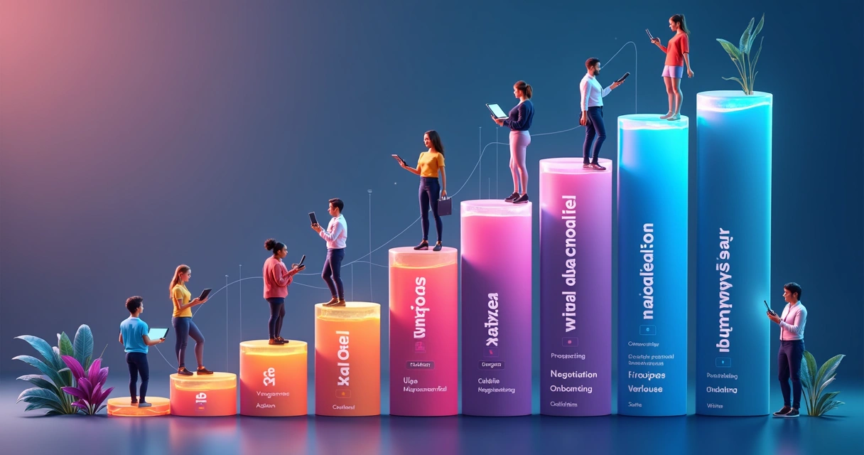 Funil de vendas moderno mostrando diferentes etapas e equipes 