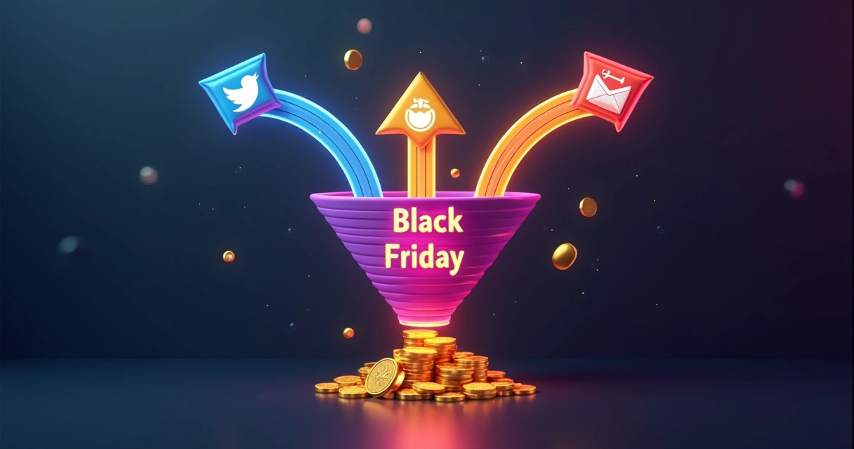 Fluxo digital de funil de vendas multicanal com Black Friday em destaque 