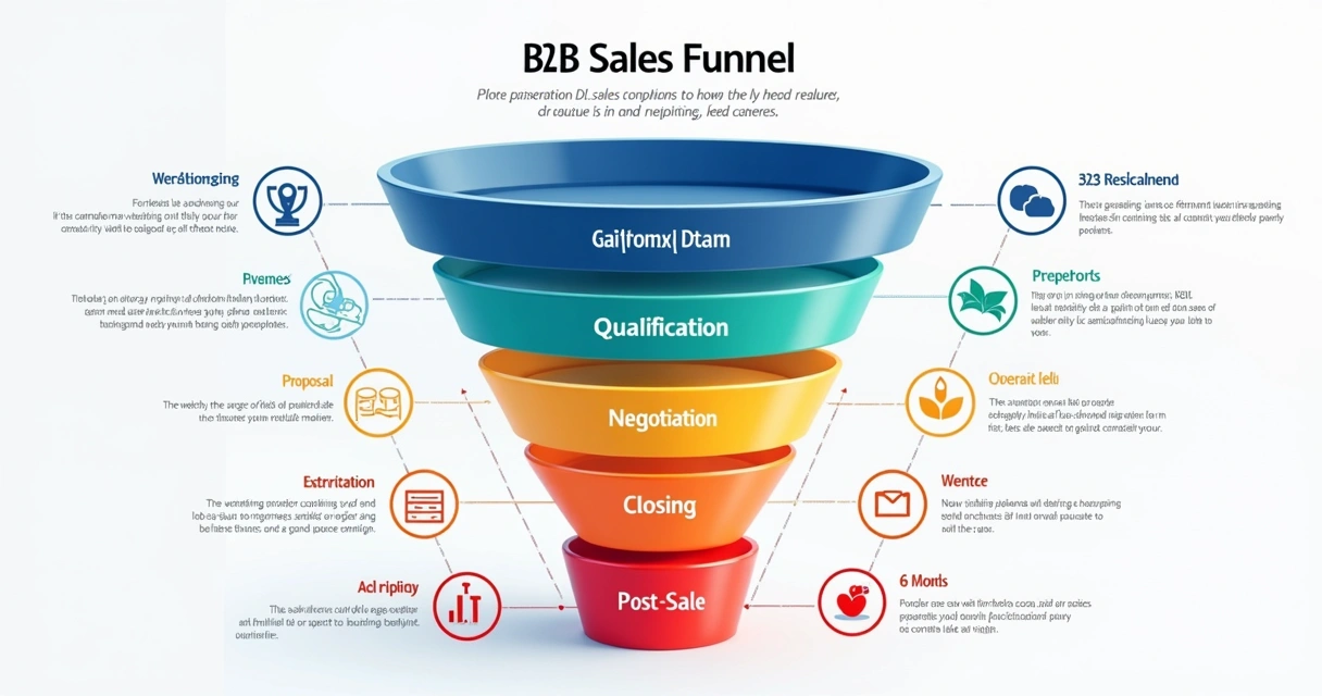 Infográfico do funil de vendas B2B com etapas destacadas em cores 