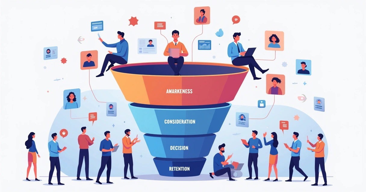 Ilustração de funil de vendas digital com equipes alinhando estratégias 