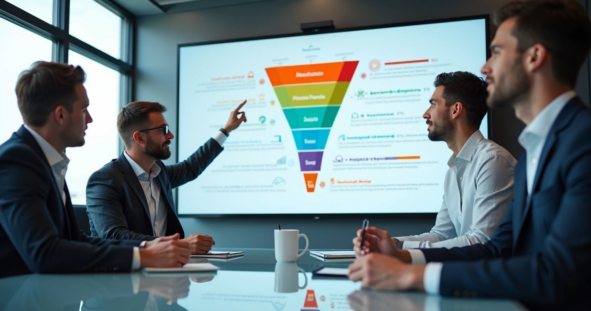 Equipe reunida analisando etapas de funil customizado com quadro e gráficos coloridos 
