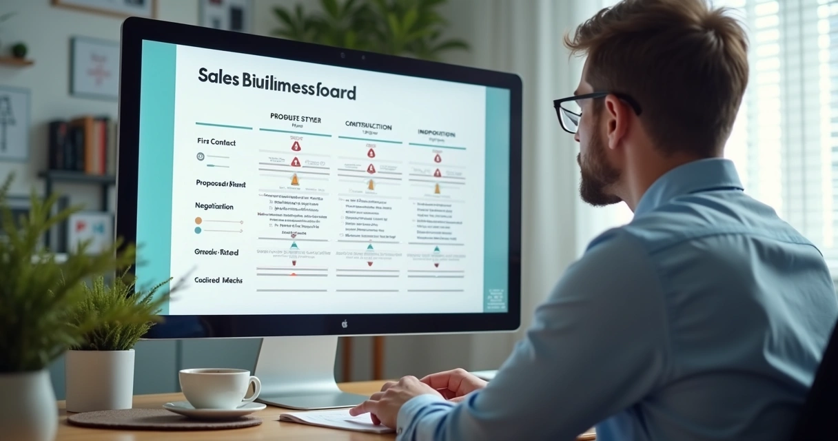 Quadro visual com etapas de negociações de uma pequena empresa 