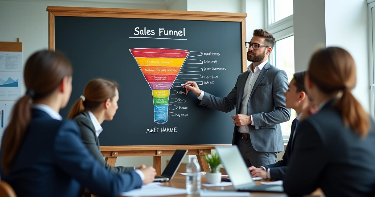Funil de vendas de PME desenhado numa lousa 
