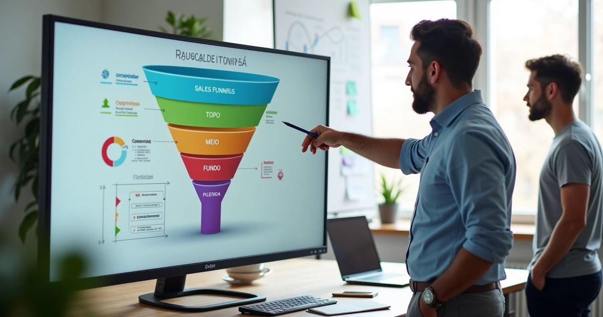 Gestor de PME analisando funil de vendas em tela com equipe ao fundo 