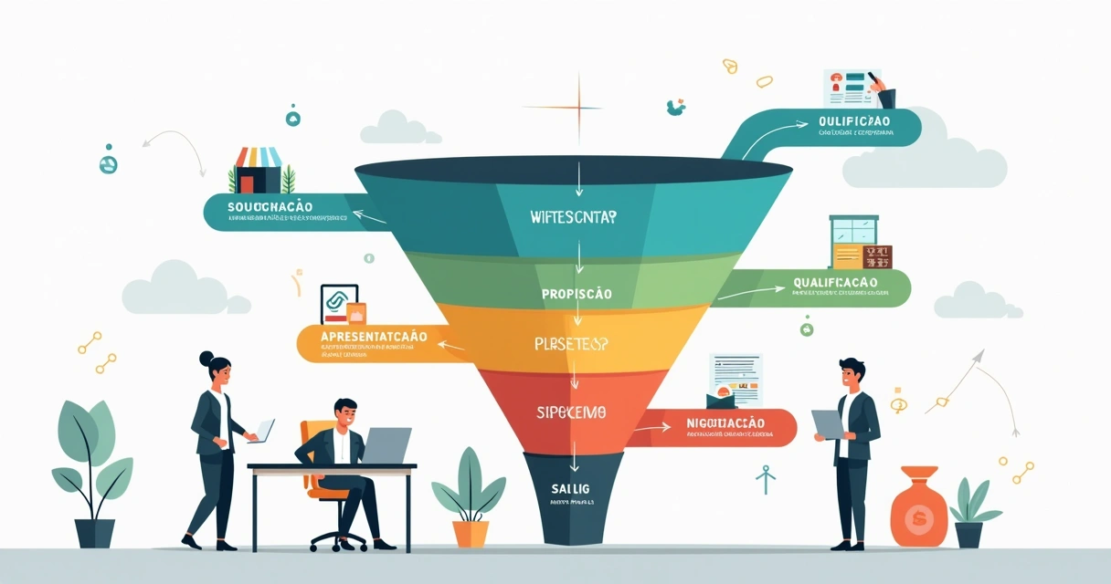 Ilustração de funil de vendas para PME com etapas do processo comercial 