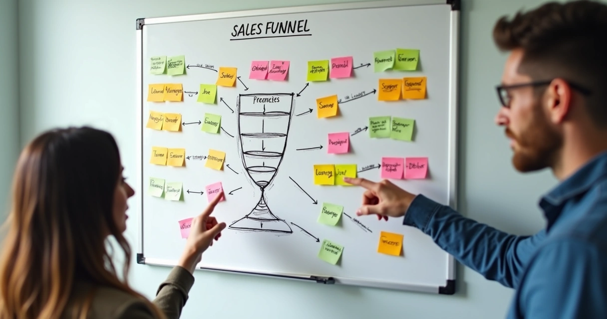 Fluxo de funil de vendas com etapas separadas em quadro branco 