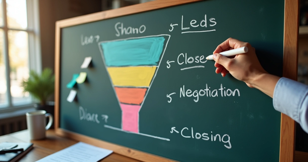 Gráfico de funil de vendas simples desenhado na lousa 