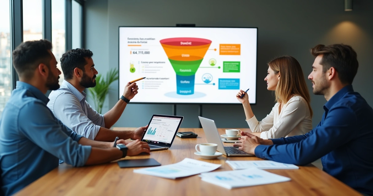 Equipe de PME analisando funil de vendas em tela grande de forma colaborativa 
