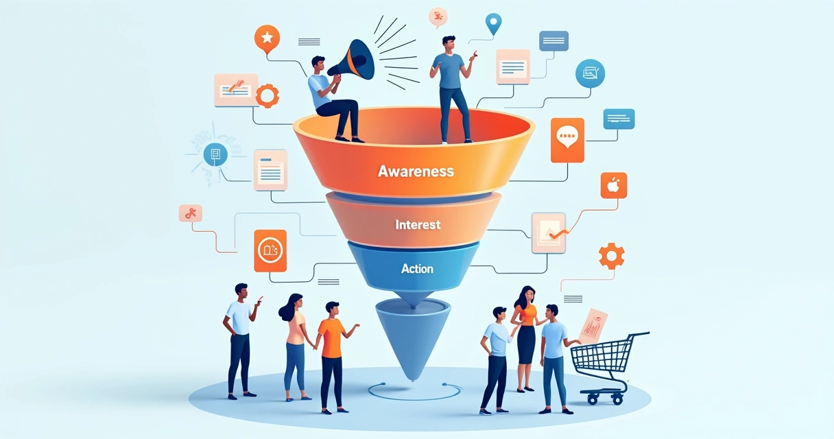 Ilustração de etapas de um funil de vendas de uma PME com elementos de automação e tecnologia 