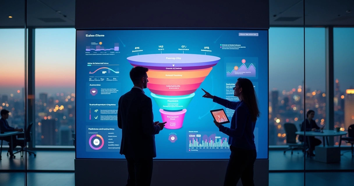 Painel digital mostrando funil de vendas SaaS segmentado em 2026 