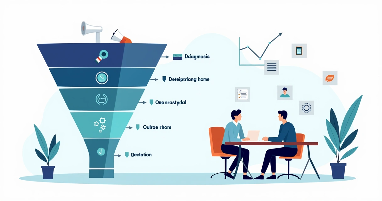 Funil de vendas consultivo para serviços com etapas do processo e cliente em reunião 