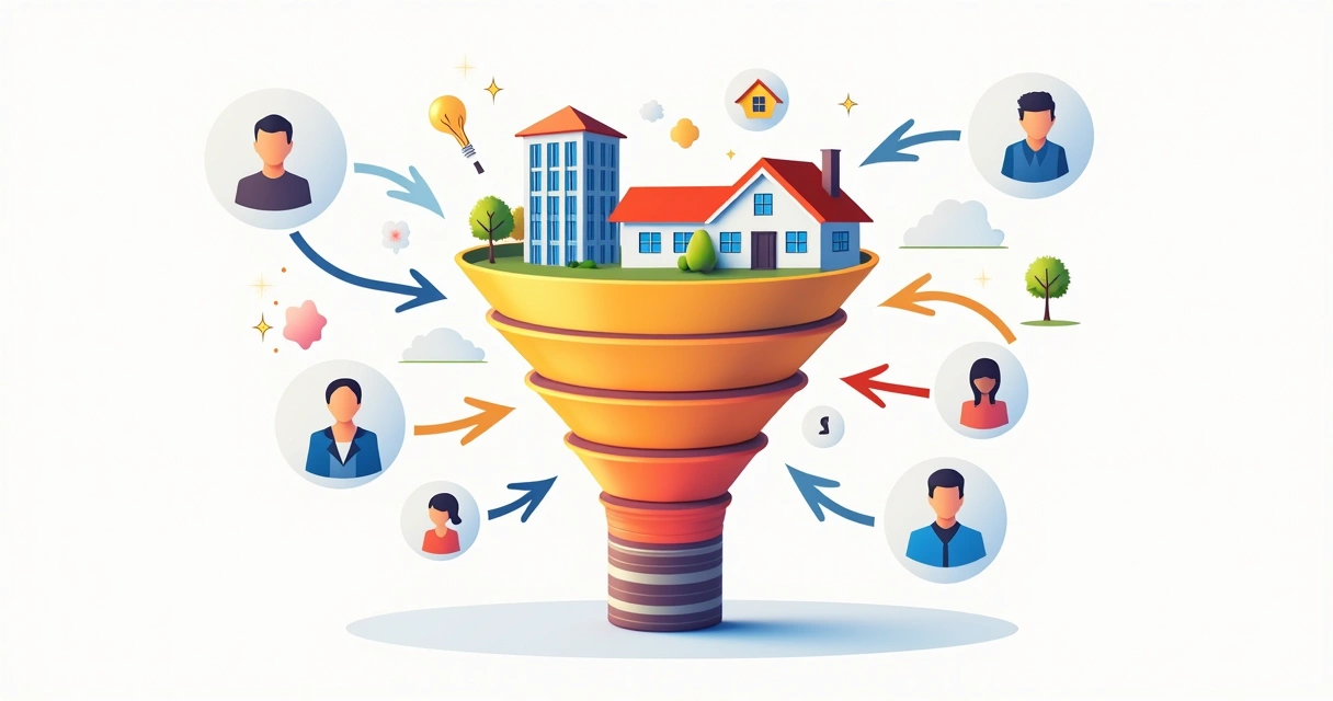 Ilustração de funil de vendas com leads de imóveis em cada etapa 
