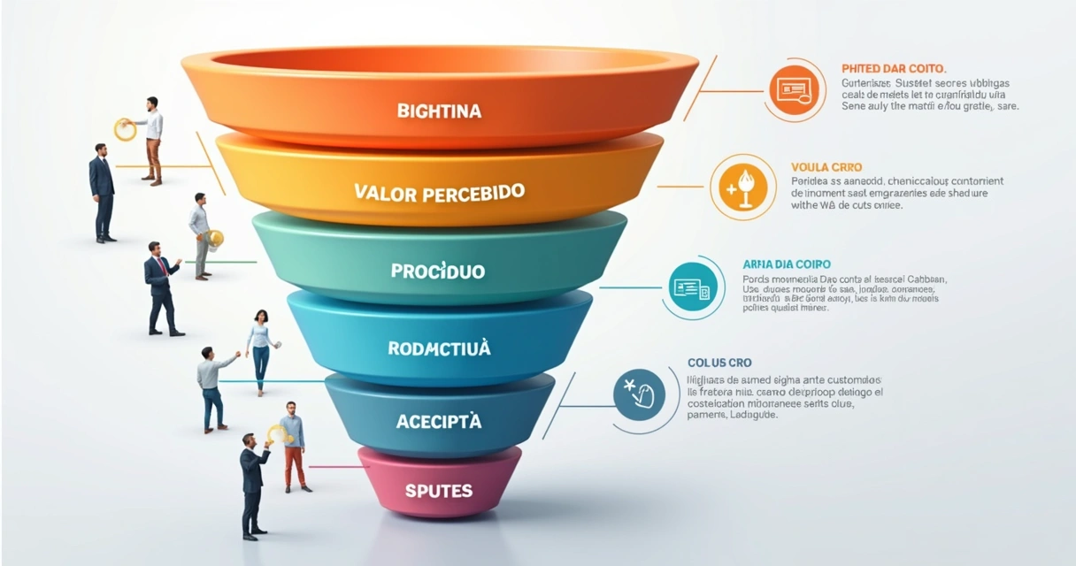 Representação visual de um funil de vendas com etapas coloridas, destaque na etapa de valor percebido