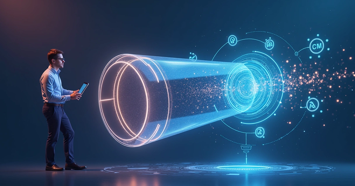 Ilustração de um funil de vendas digital com áreas vazando leads por buracos laterais, sendo reparado por um especialista 
