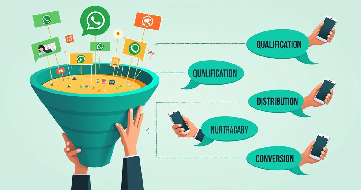 Fluxo de funil de vendas ilustrado com etapas no WhatsApp 