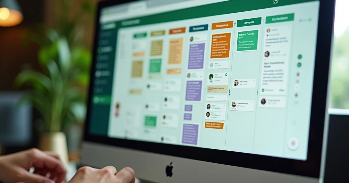 Tela de funil de vendas tipo Kanban no WhatsApp Web com cards de clientes 