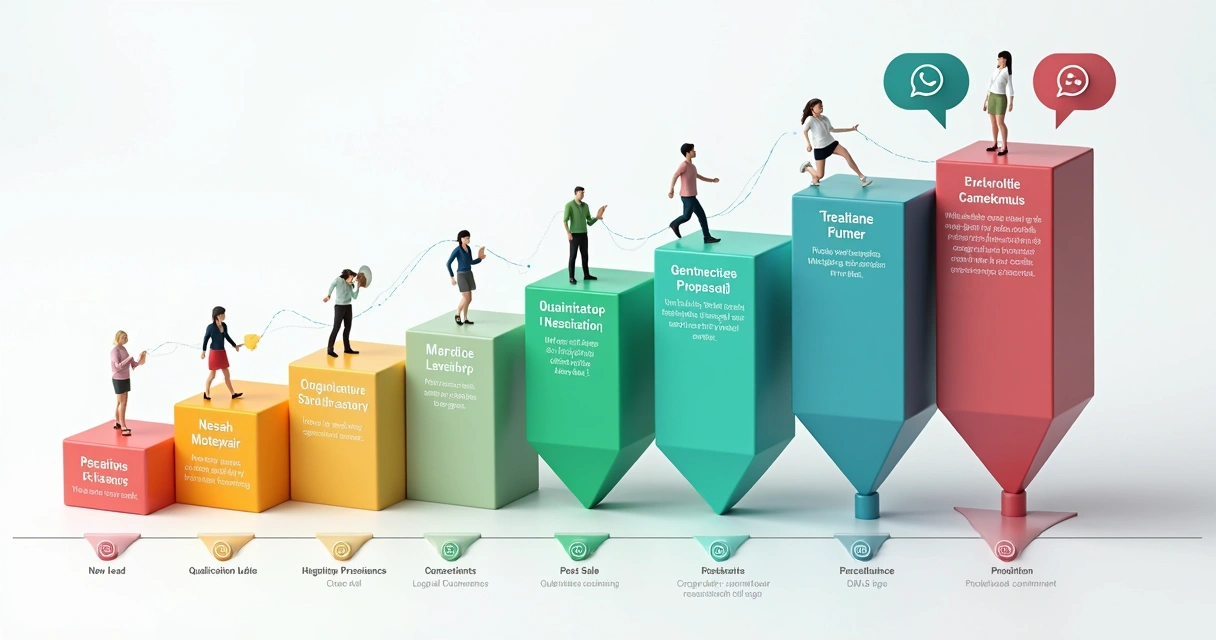 Representação visual de um funil de vendas adaptado para WhatsApp Business, com as etapas em destaque