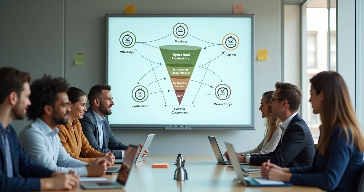 Equipe reunida em volta de quadro mostrando etapas do funil de vendas com WhatsApp