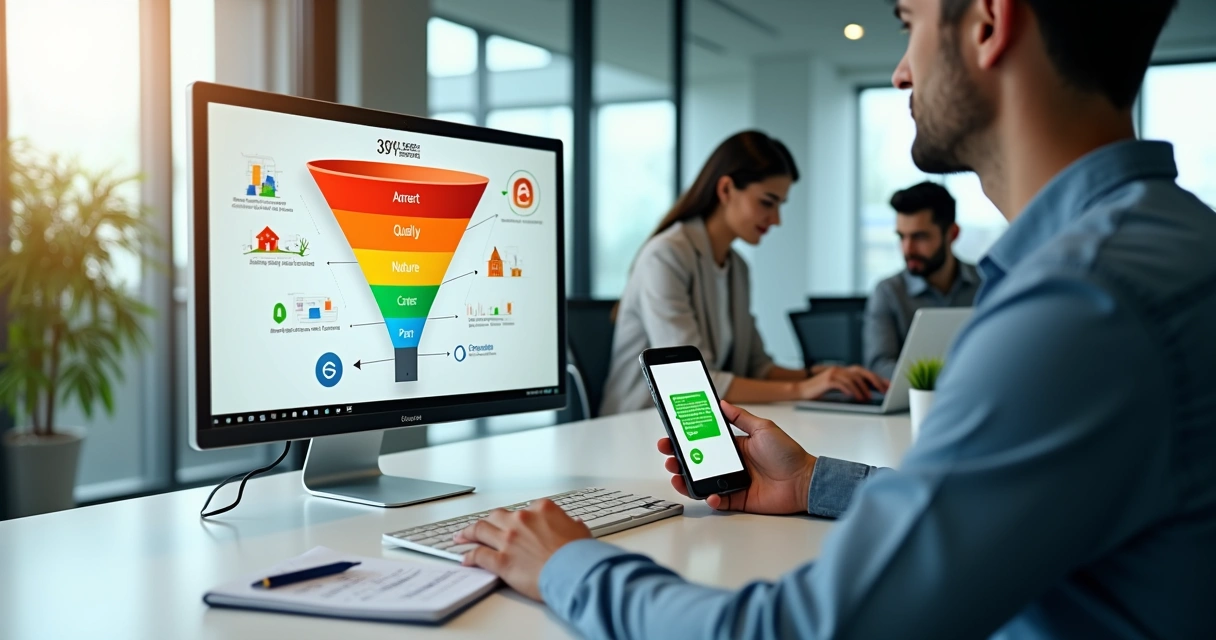 Corretor imobiliário analisando funil de vendas no WhatsApp em tela com ícones de imóveis 