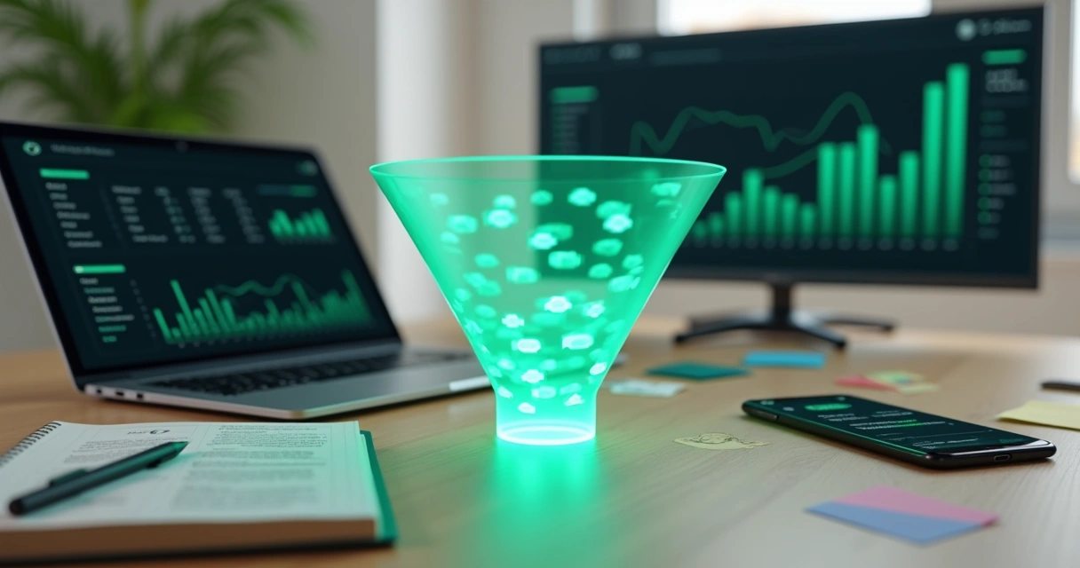 Mesa de estratégia com funil de vendas e notificações de WhatsApp alinhadas a gráficos de desempenho 