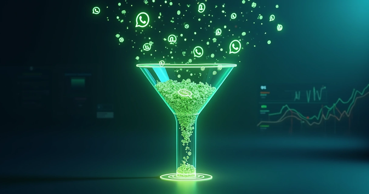 Funil de vendas do WhatsApp com ícones de mensagens vazando por rachaduras 