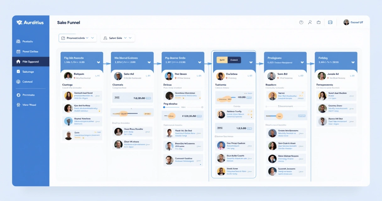 Pipeline de vendas com múltiplas etapas e cartões de clientes 