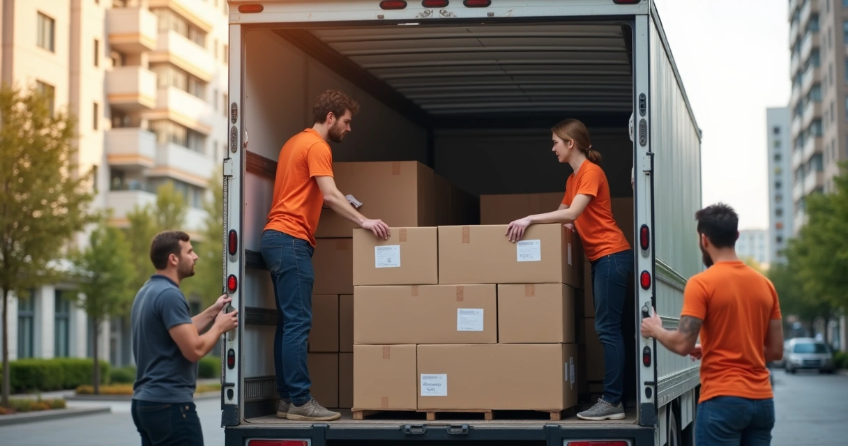 Equipe entregando móveis embalados em caminhão de logística 