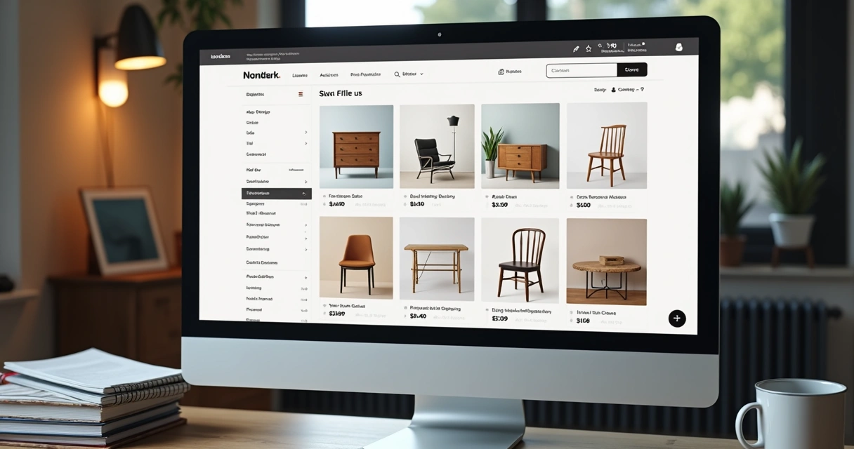 Interface de plataforma de e-commerce com móveis exibidos em destaque 