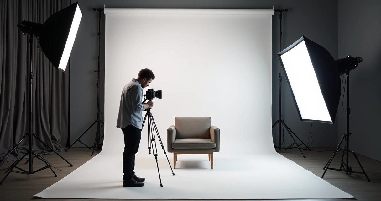 Fotógrafa ajustando luz para fotografar móvel em estúdio 