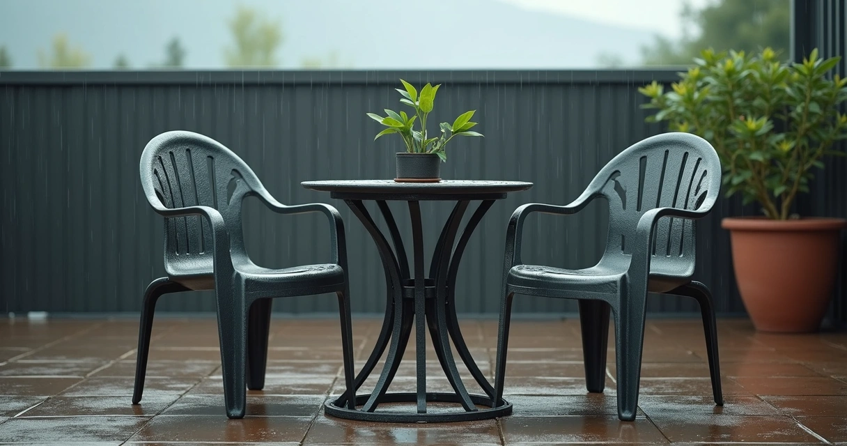 Patio furniture tied down with straps before storm 