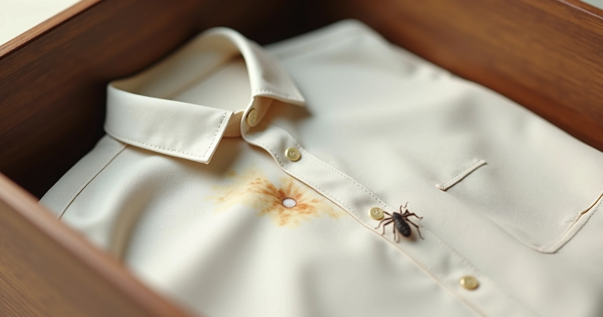 Furo pequeno em tecido causado por traça em roupa clara. 