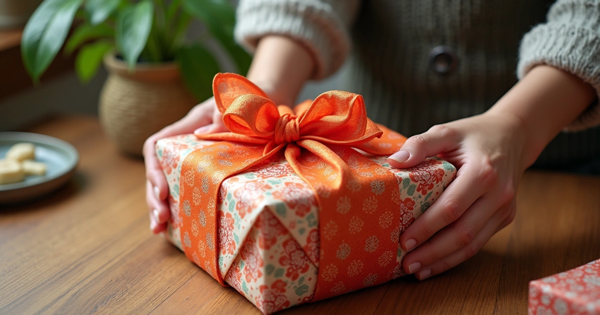 Presente embrulhado em tecido colorido no estilo furoshiki 