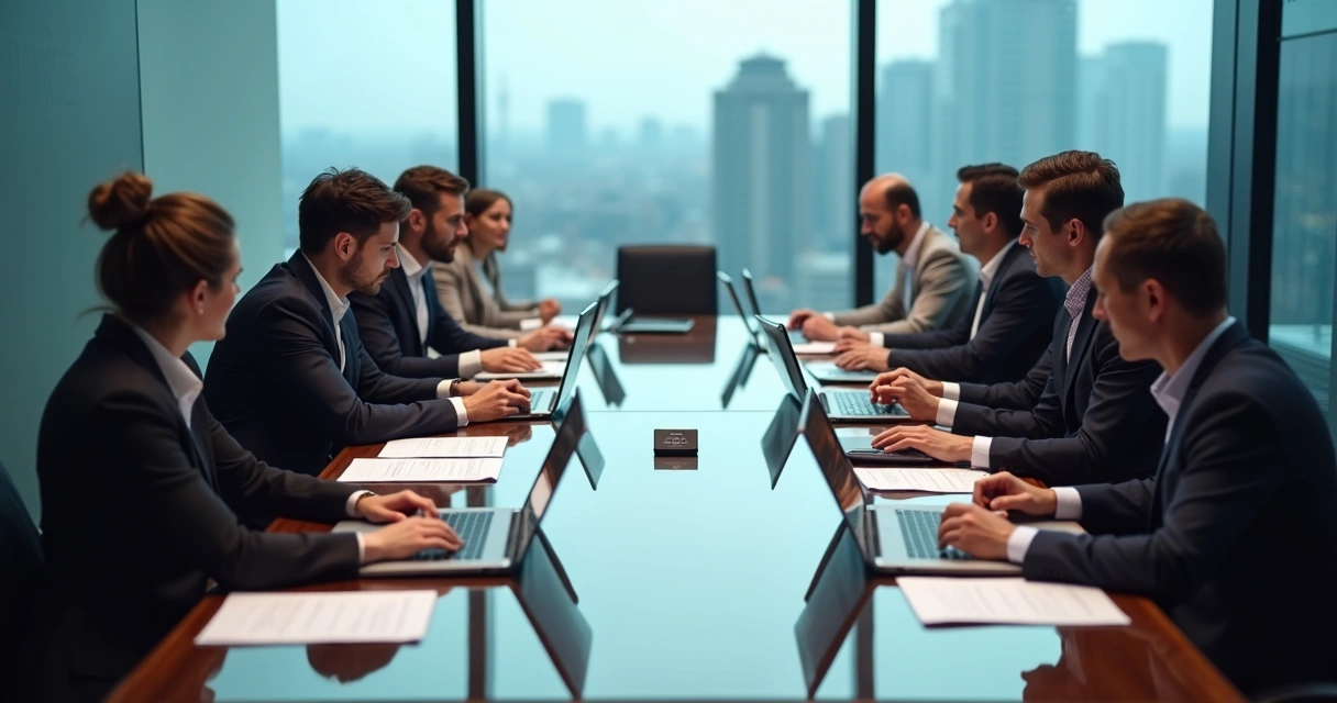 Mesa de reunião com empresários de diferentes empresas diante de documentos e laptops 