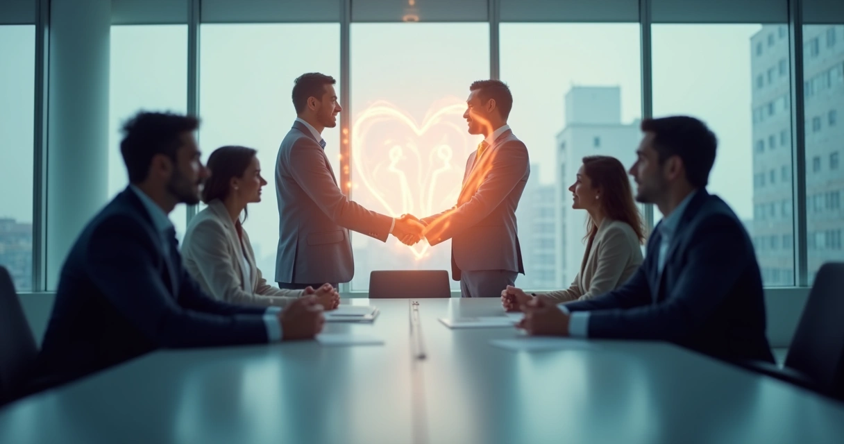 Duas equipes empresariais apertando as mãos, com silhuetas humanas transparentes e linhas de conexão luminosa entre elas. 