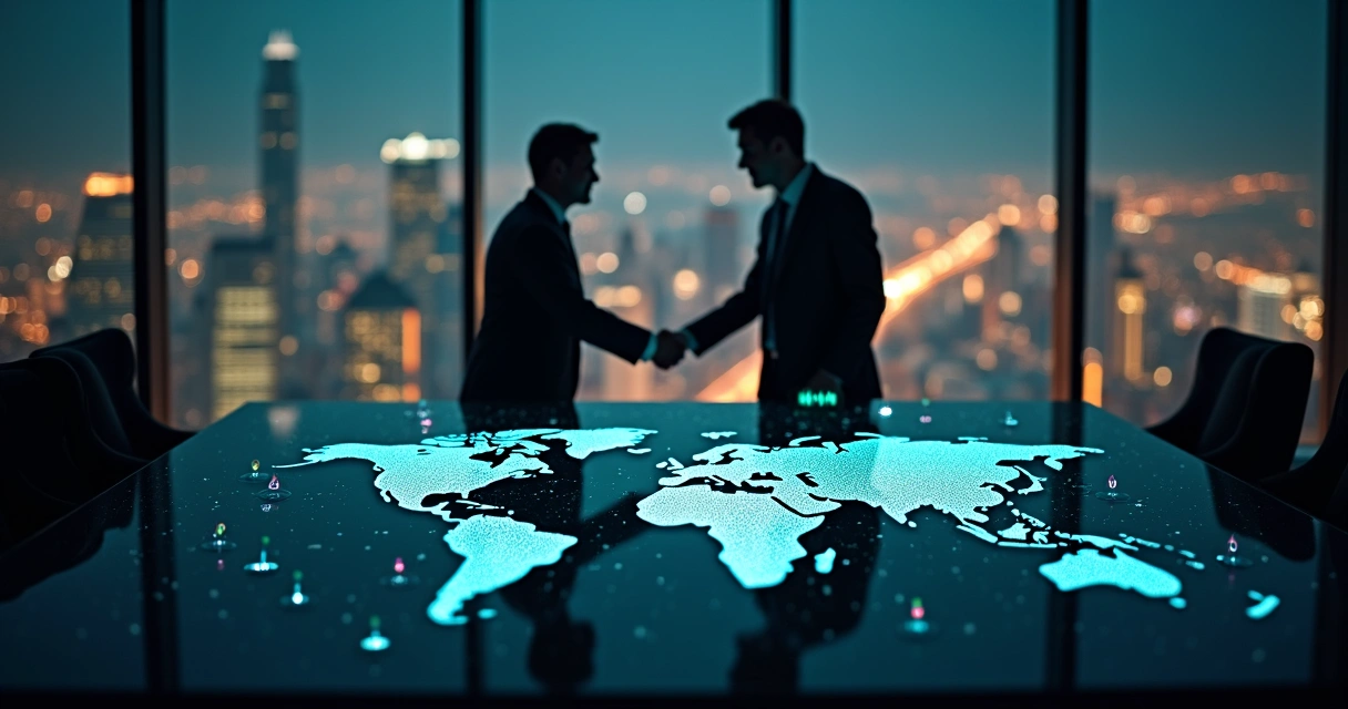Dois vultos corporativos apertando as mãos sobre mapa-múndi iluminado 