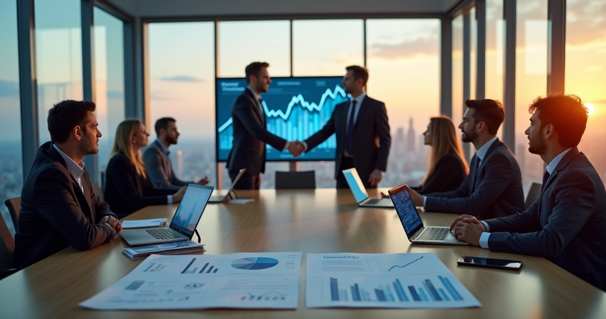 Reunião de executivos analisando fusão e aquisição de empresas de tecnologia em mesa de negociação 