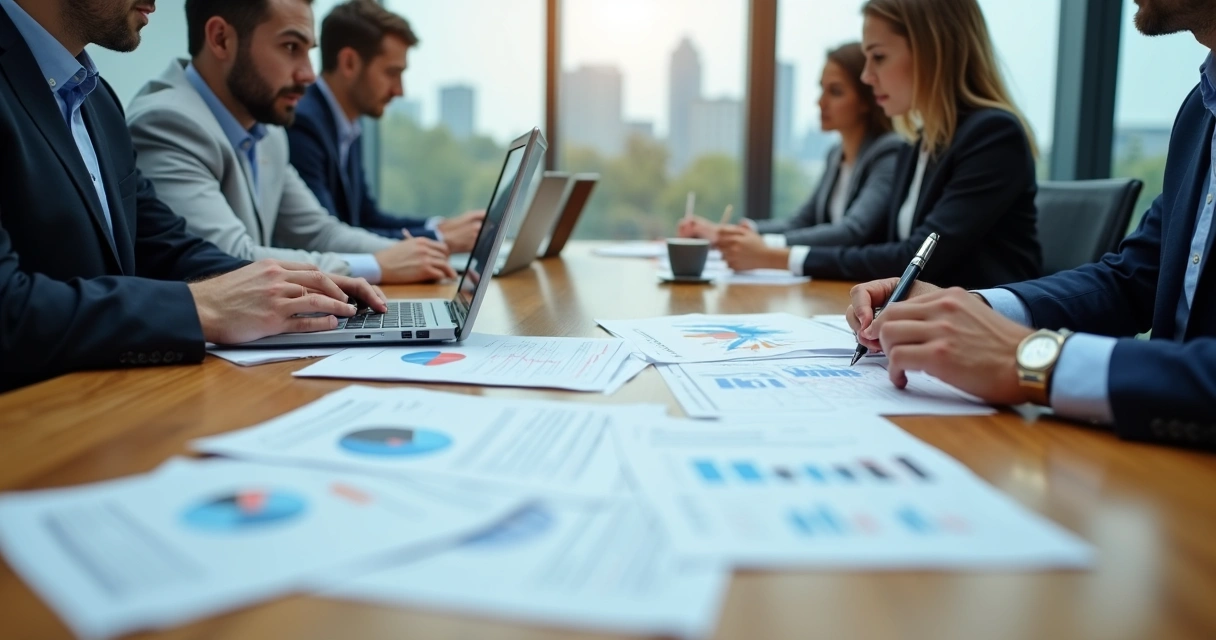 Reunião de executivos analisando documentos de fusão e aquisição 