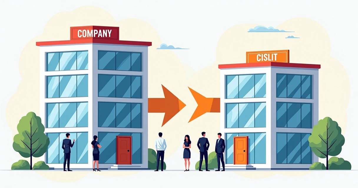 Ilustração de duas empresas se unindo e dividindo patrimônio visualmente representado por edifícios e ativos.