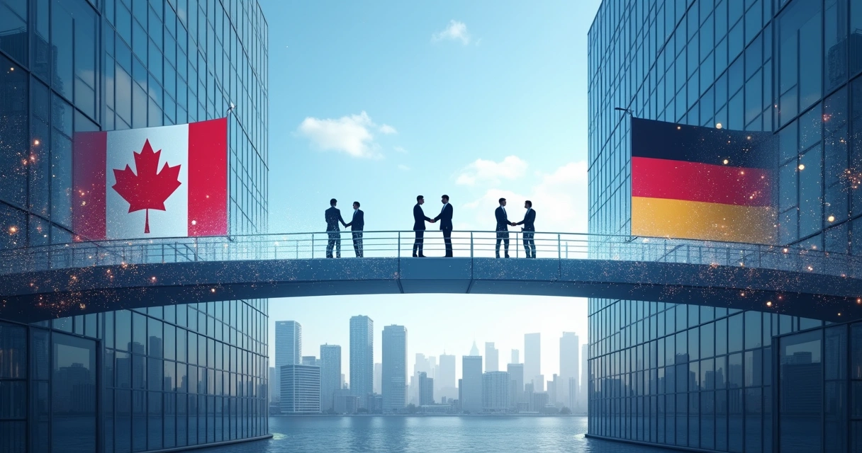 Ilustração de dois prédios de empresas tecnológicas, um com a bandeira do Canadá e outro da Alemanha, conectados por ponte digital. 