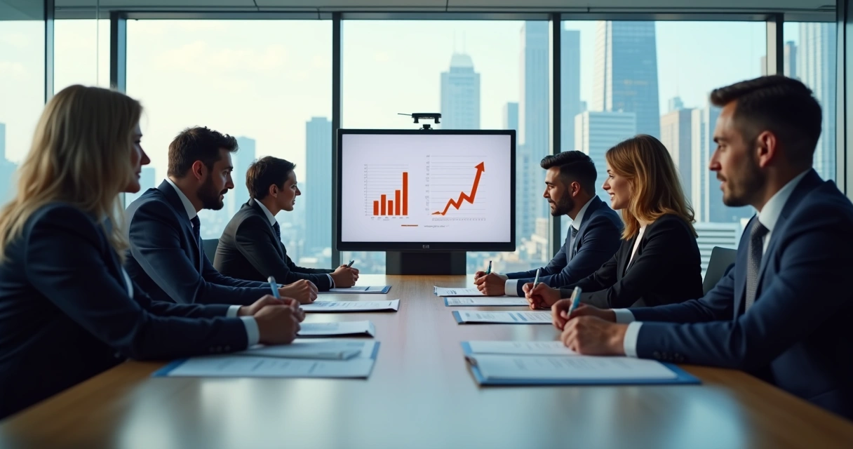 Reunião de executivos assinando acordo em sala de conferência com gráficos ao fundo 