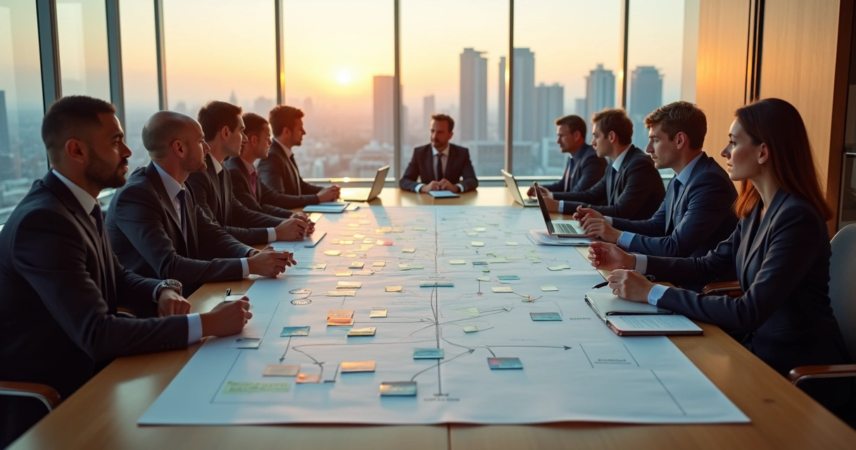 Executivos em sala de reunião integrando duas empresas com diagrama sistêmico no centro da mesa 